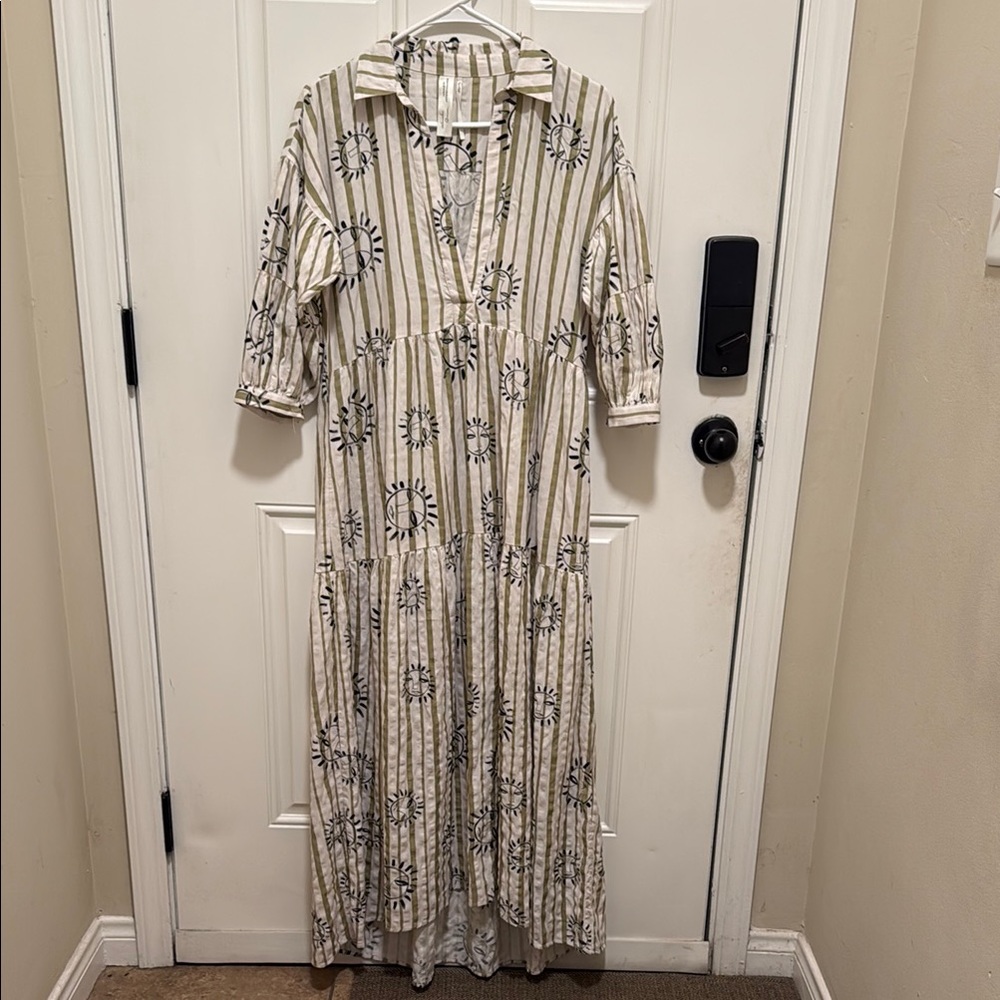 Anthropologie Striped Maxi Dress with Sunburst Print — Cream and Olive